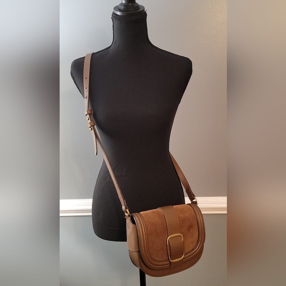 Mango MNG Brown Suede & Leather Crossbody Bag with Gold Buckle - Picture 9 of 10